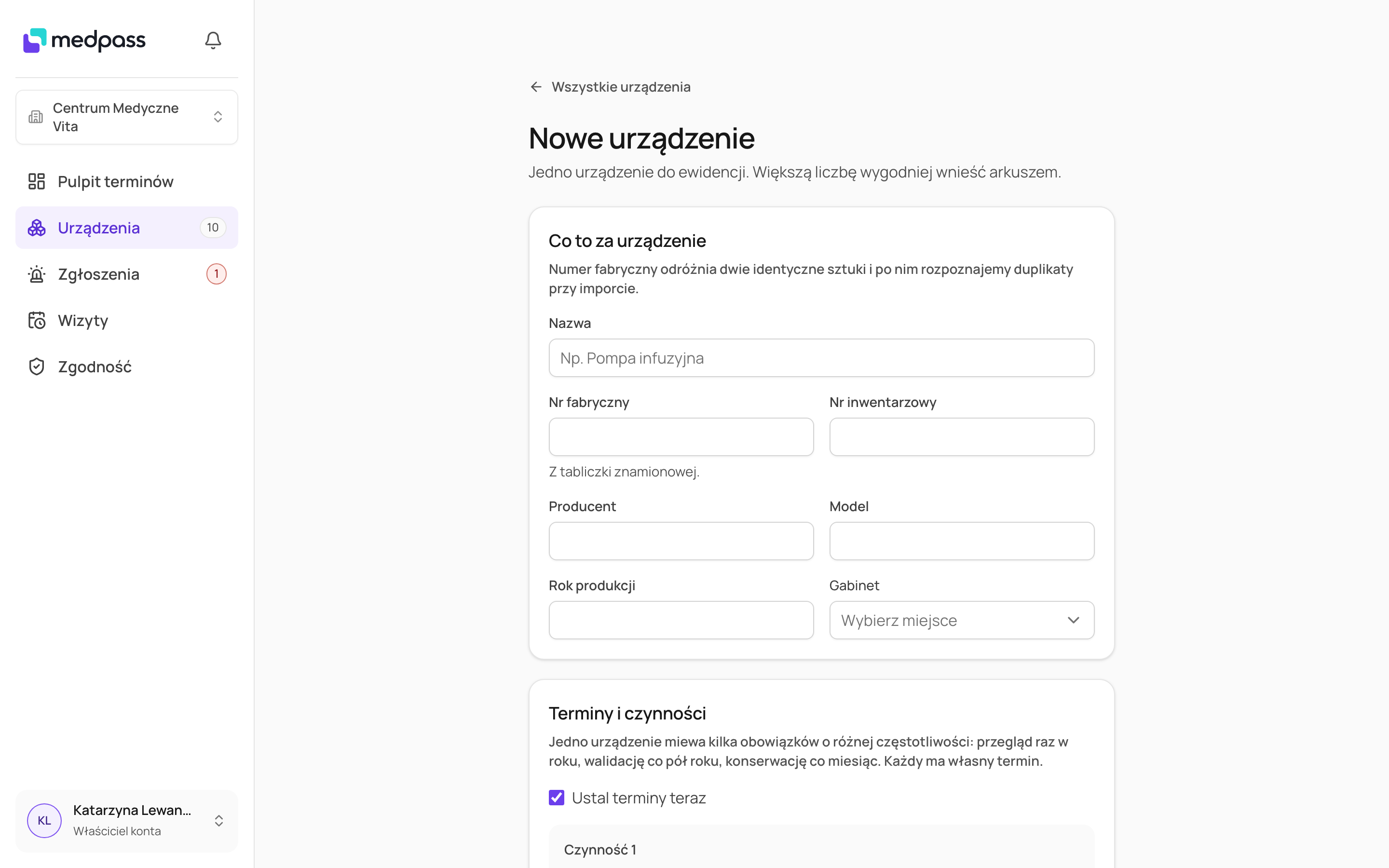 Formularz „Nowe urządzenie” z sekcjami „Co to za urządzenie” i „Terminy i czynności”