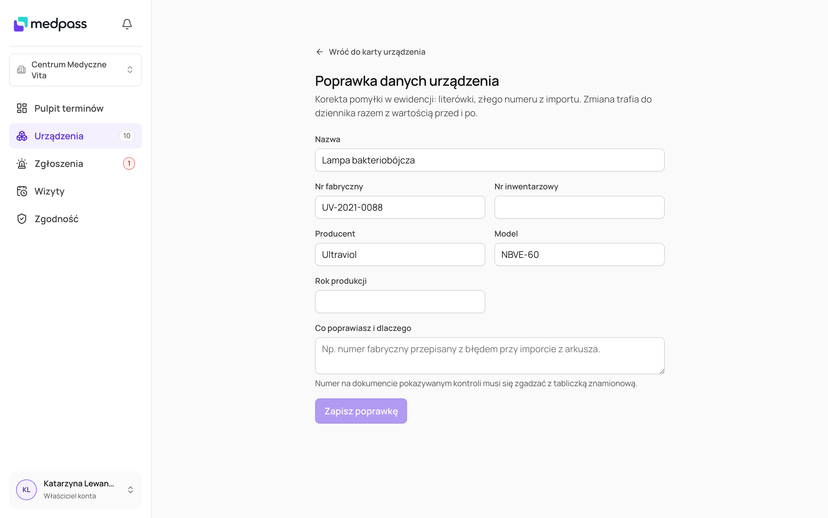 Ekran „Poprawka danych urządzenia” z polem „Co poprawiasz i dlaczego”