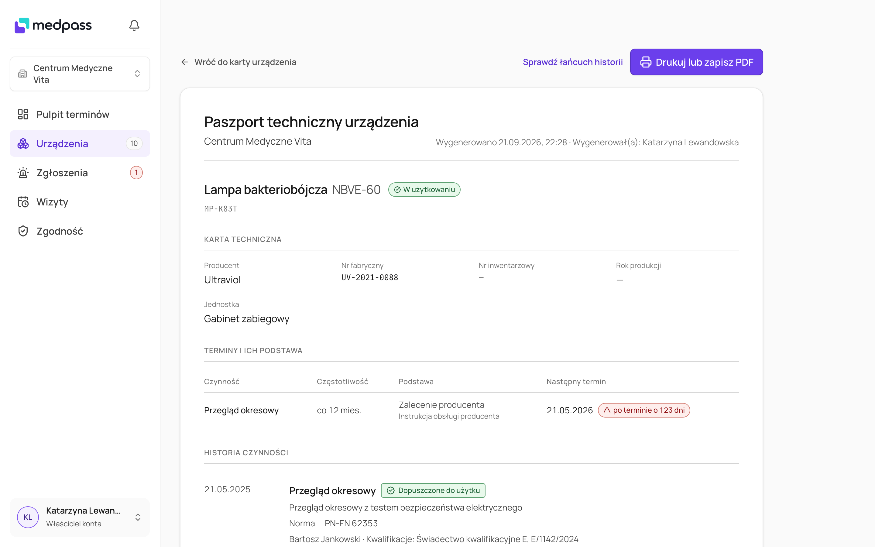 Paszport techniczny urządzenia w widoku do druku