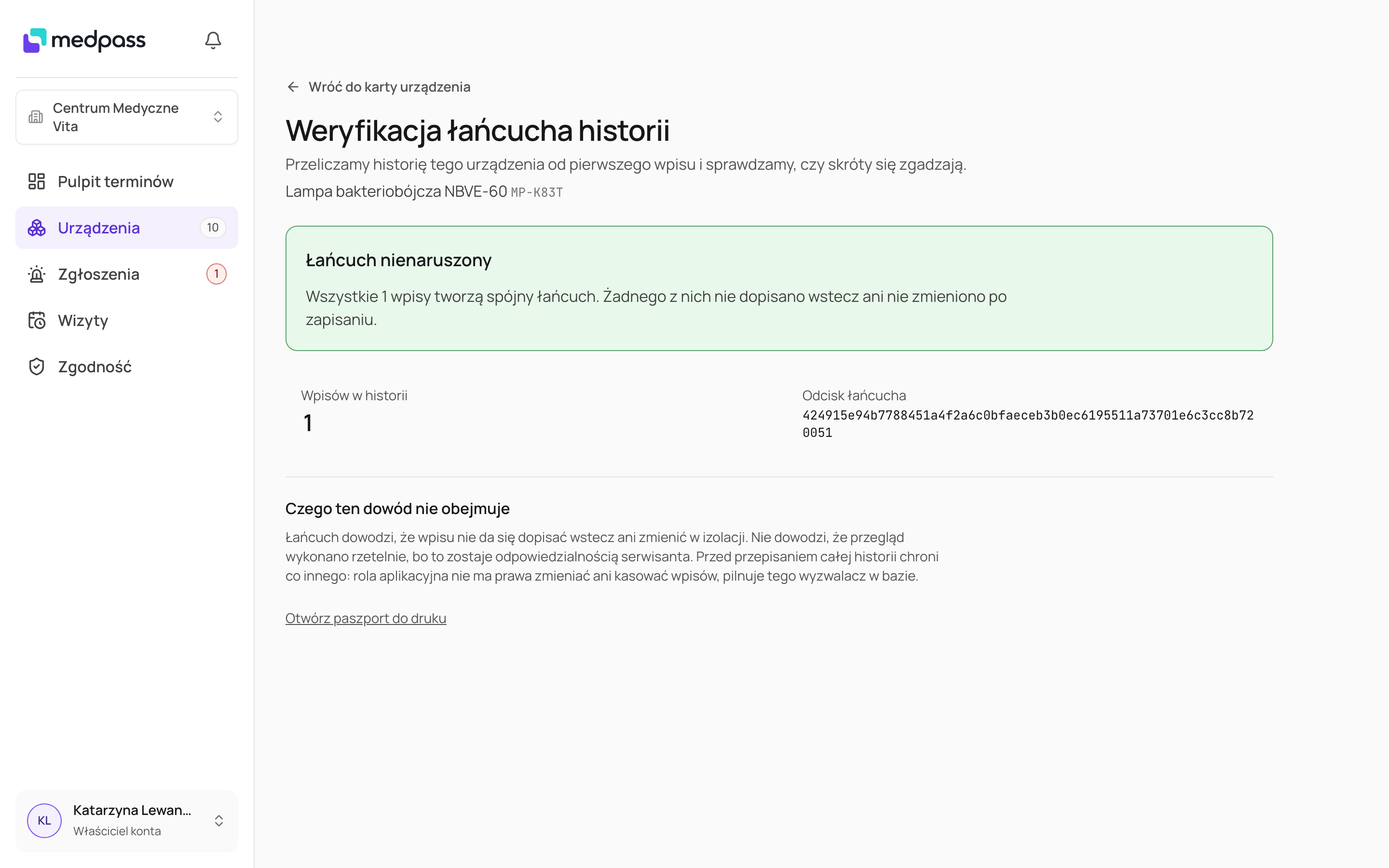 Ekran weryfikacji z komunikatem „Łańcuch nienaruszony” i odciskiem