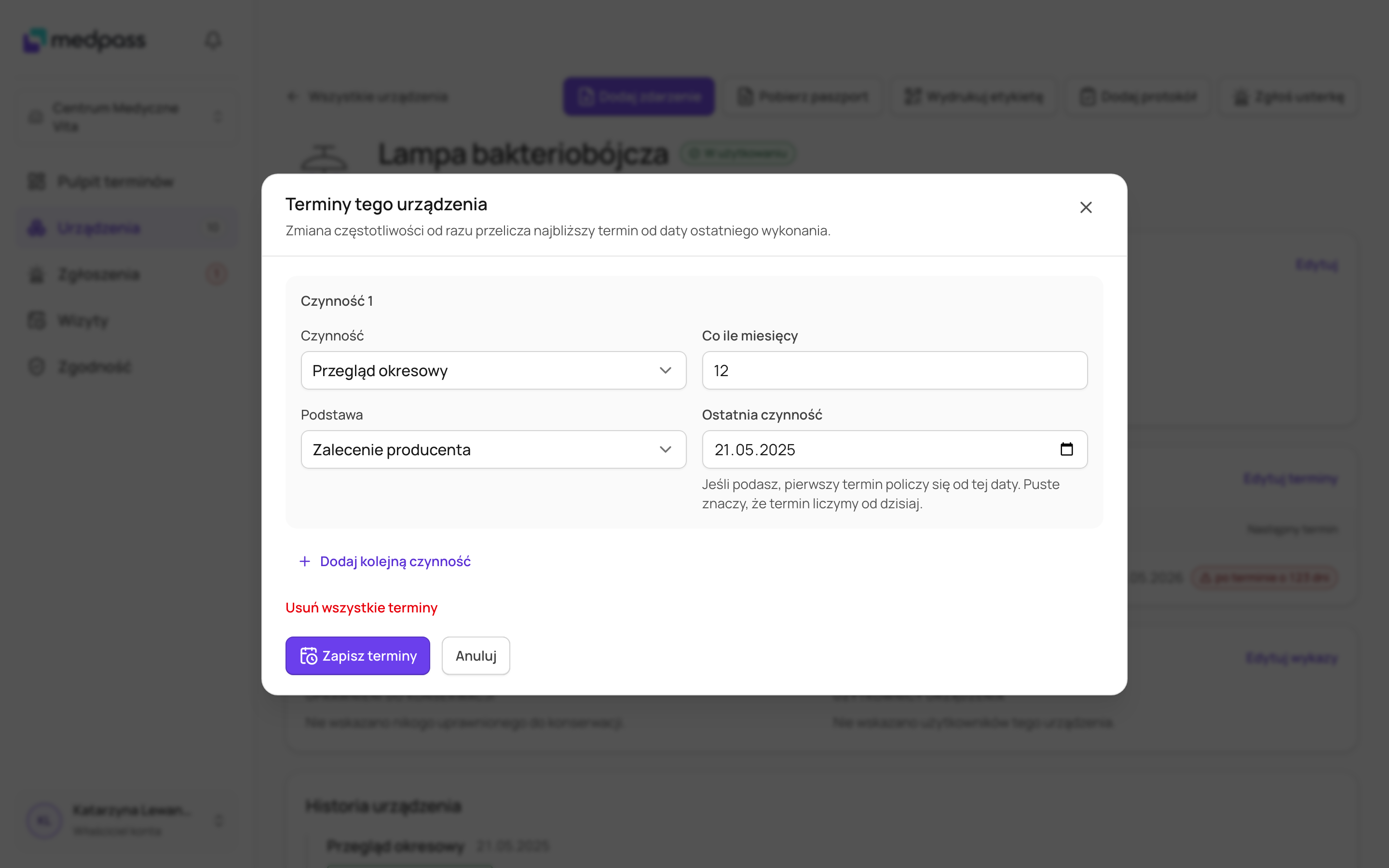 Bloki czynności z polami „Co ile miesięcy” i „Podstawa”