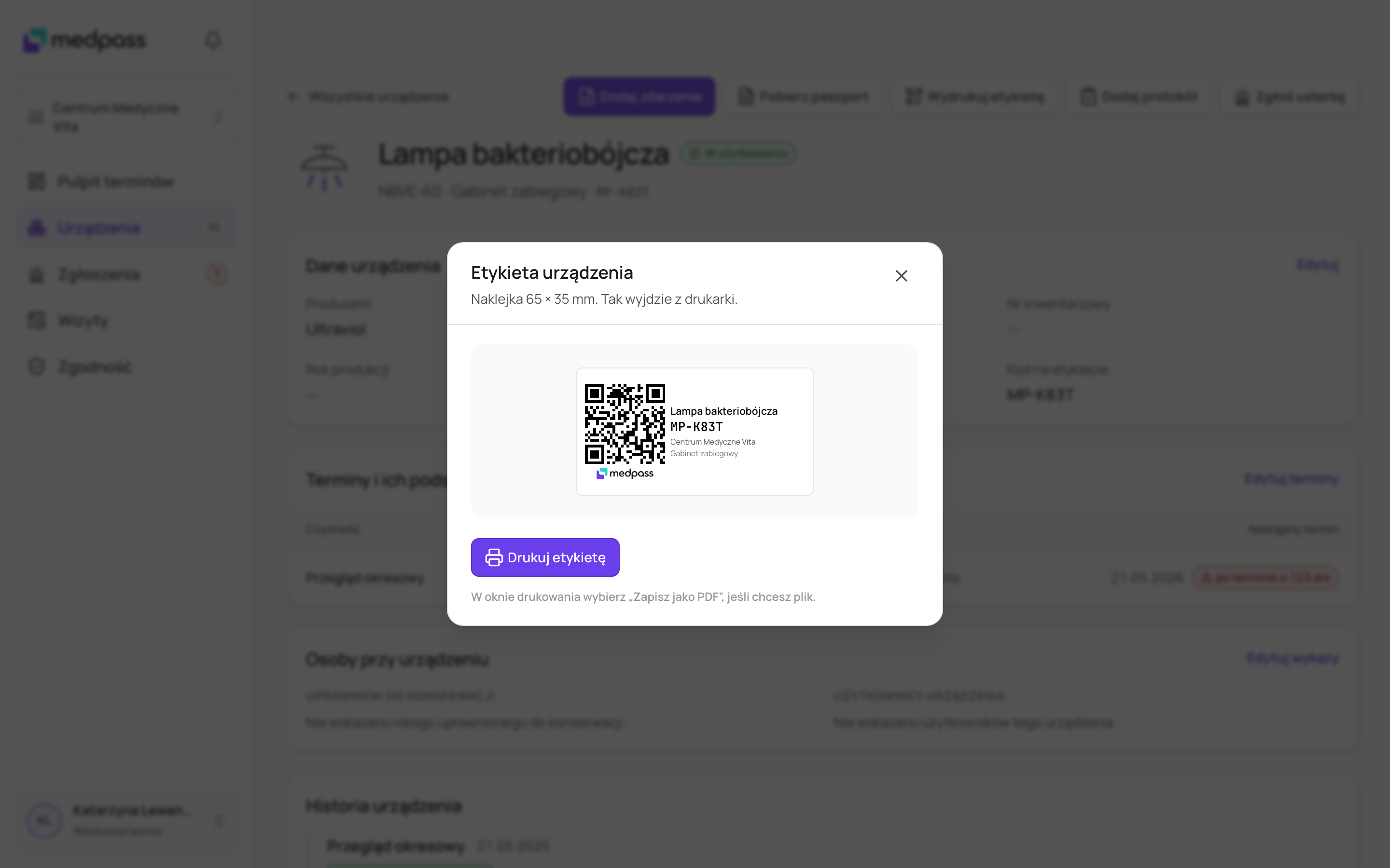 Podgląd pojedynczej naklejki z karty urządzenia